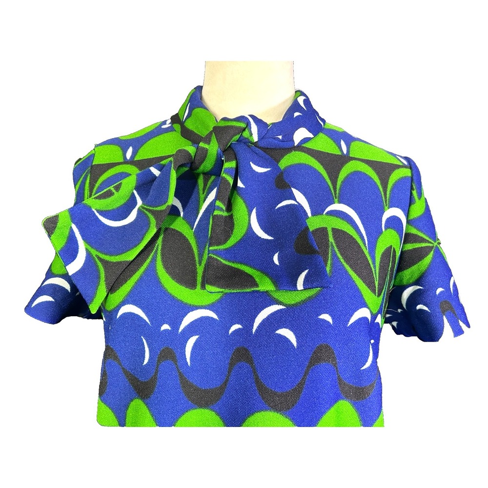 Vintage 60s Mod Shift Dress Blue Green Psychedelic Geometric Tie Neck Retro M - Picture 2 of 6